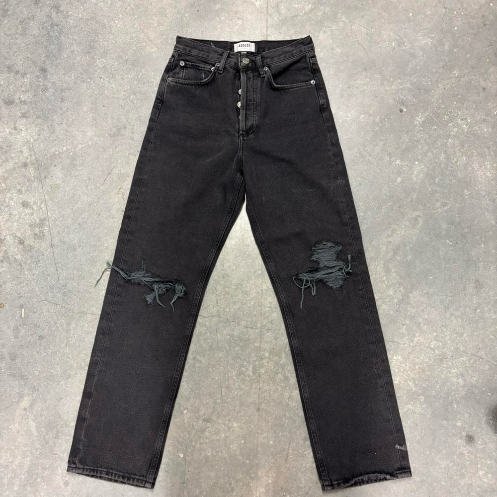 Agolde 90’s High Rise Distressed Ripped Denim Jeans in Black
